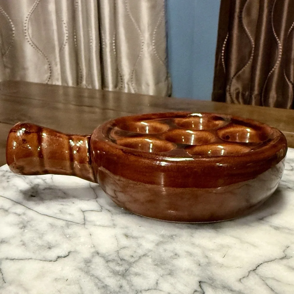 VTG 70s 1970s Brown Glazed Stoneware Escargot‎ Appetizer Oven Baking Handle Dish